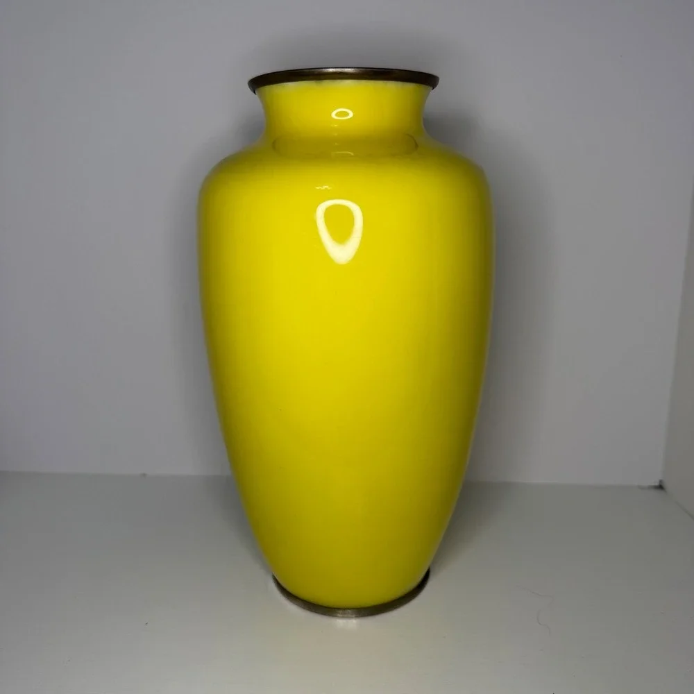 Vintage Japan‎ Cloisonne Yellow Enamel Floral Rose Vase 7.25 Inch Showa Era